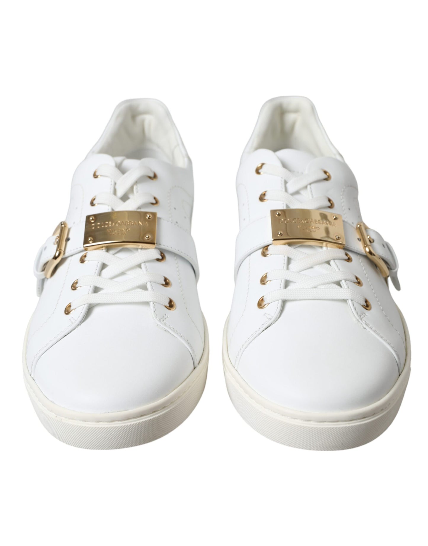 White Leather Gold Buckle Sneakers Shoes