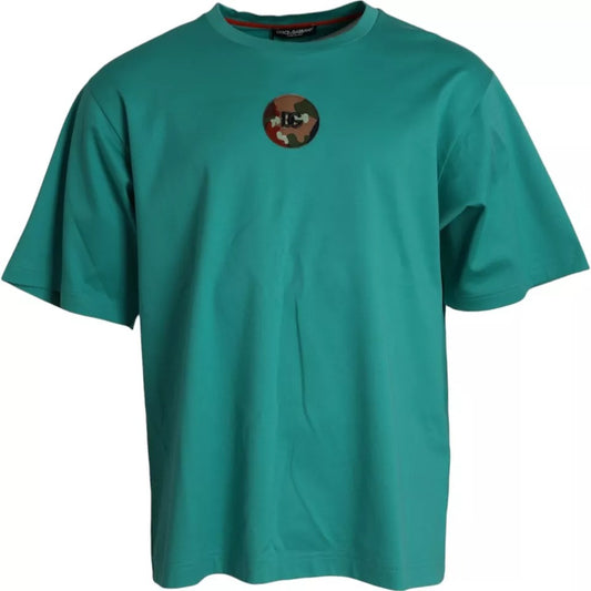 Green Logo Patch Round Neck Cotton  T-shirt