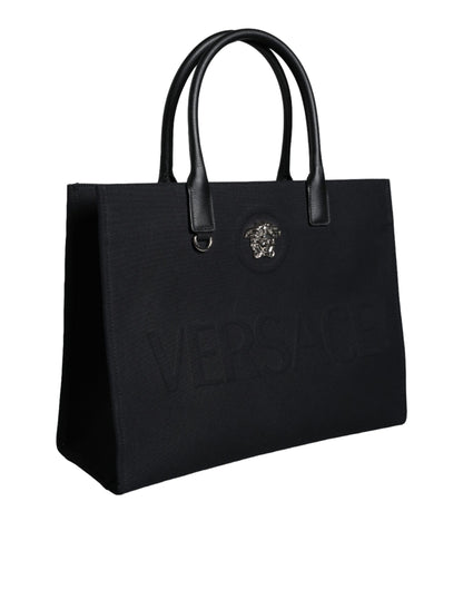 Black Top Handle Canvas Leather Logo Shopping Tote Bag