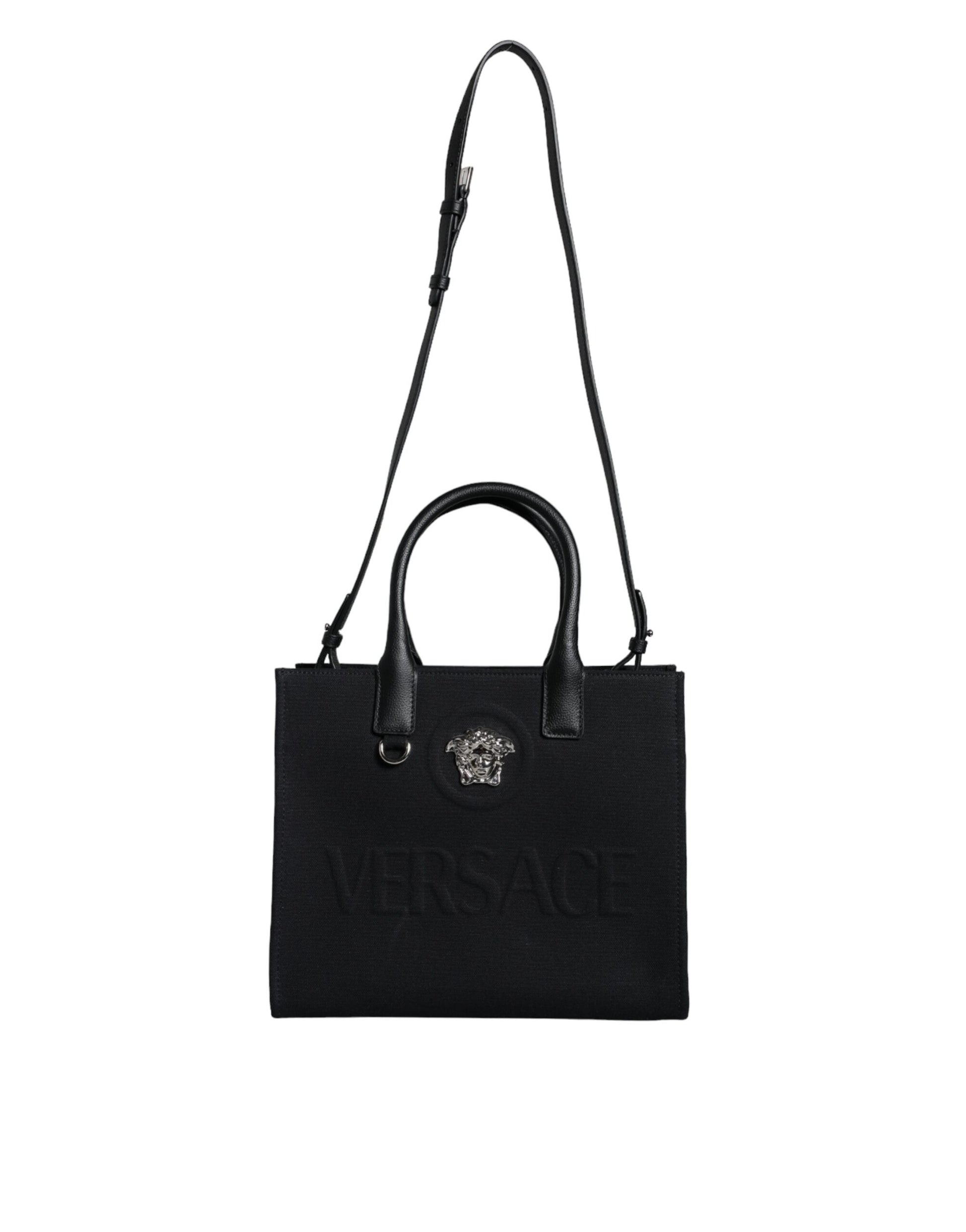 Black Top Handle Canvas Leather Logo Crossbody Tote Bag