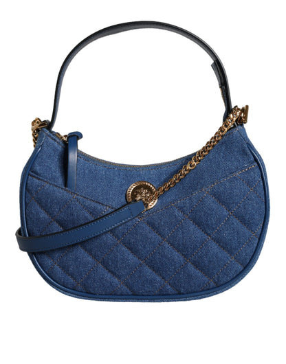 Blue Quilted Denim Leather Top Handle Shoulder Bag