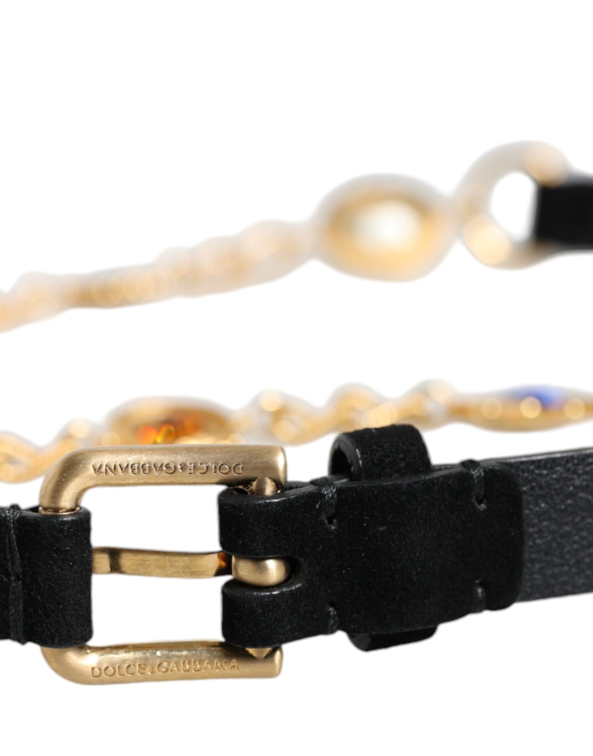 Black Leather Gold Brass Crystal Chain Waist Belt