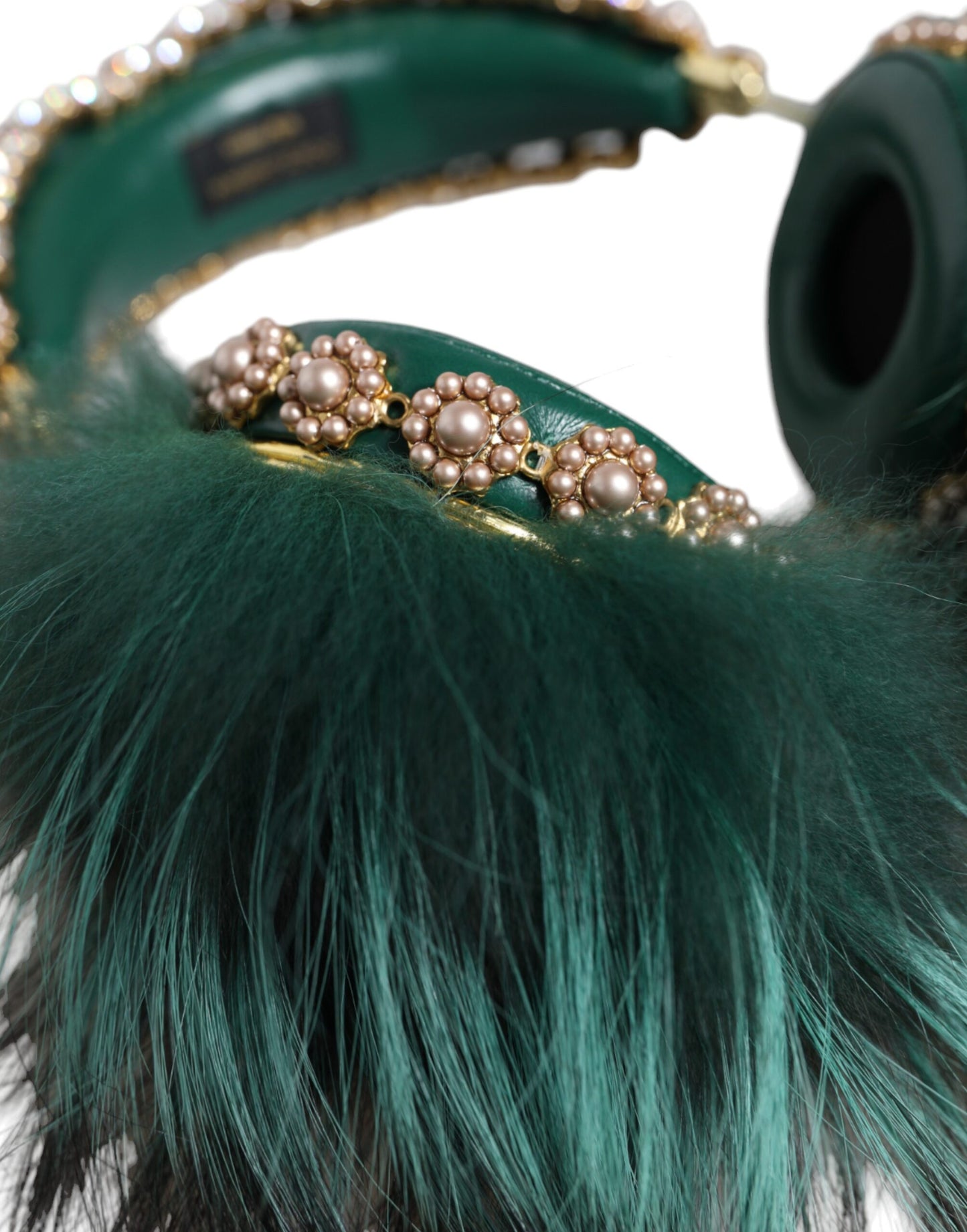 Green Gold Crystal Fur Headset Audio AUX Headphones