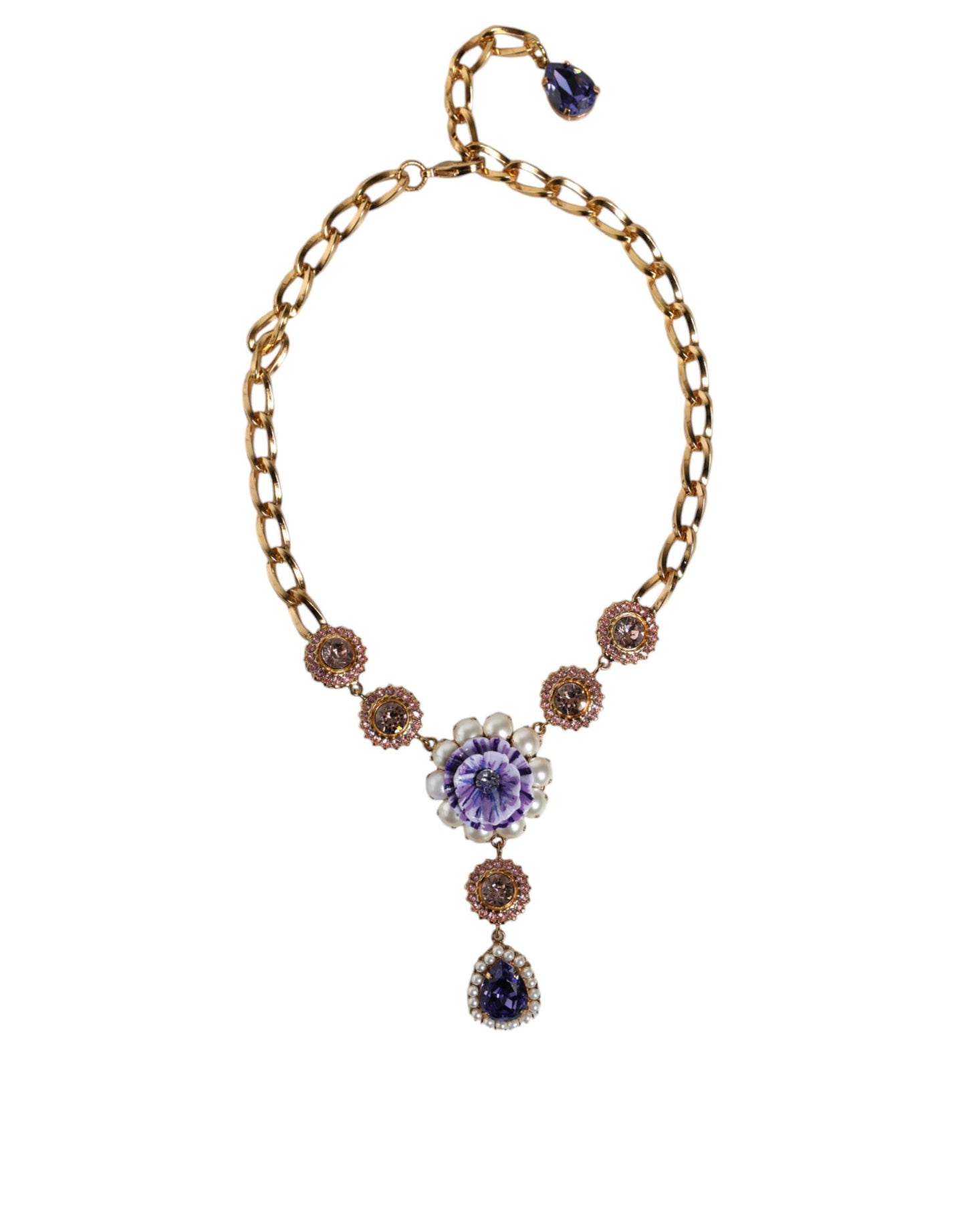 Gold Brass Crystal Purple Pink Pearl Pendants Necklace