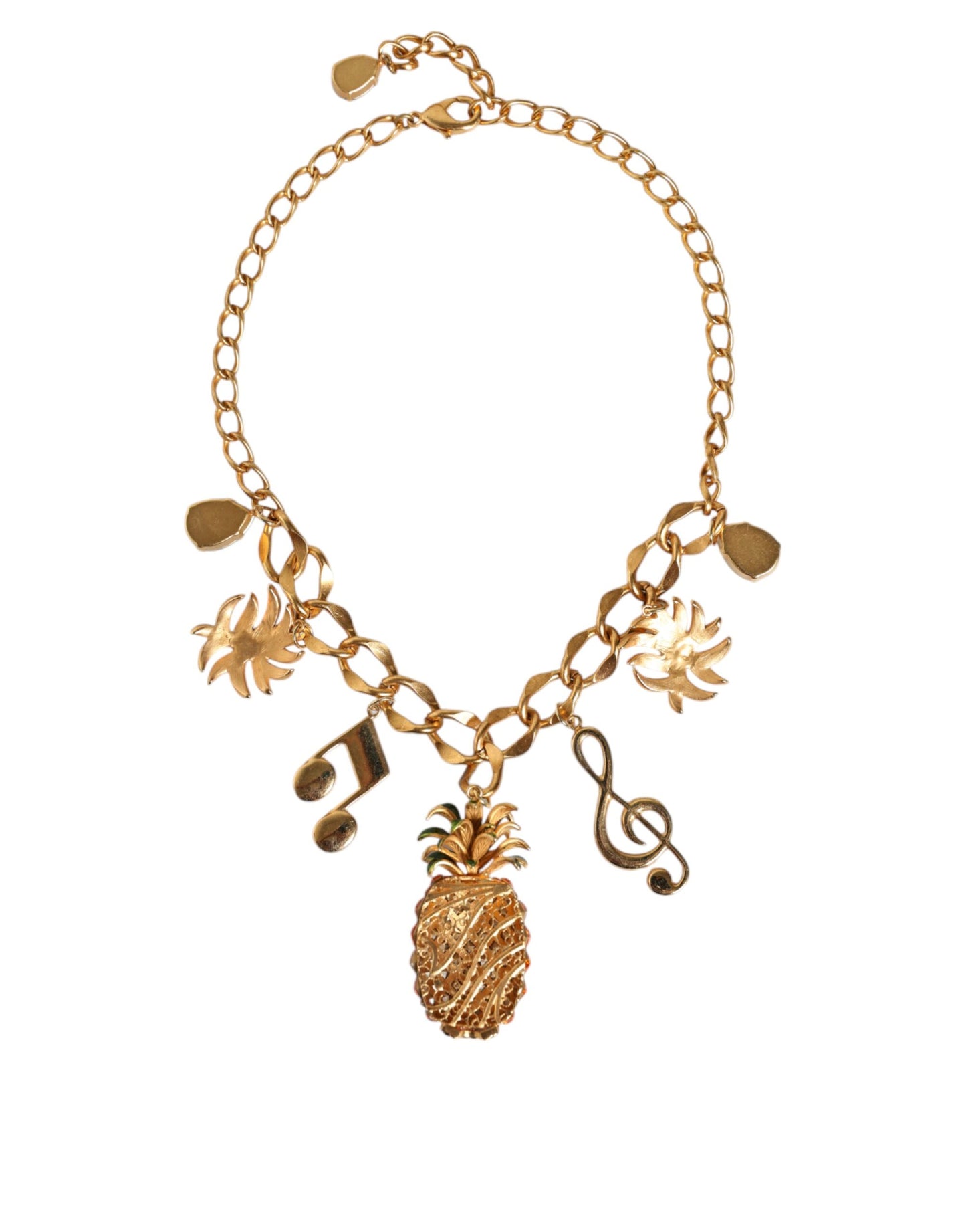 Gold Tone Brass Chain Pineapple Crystal Musical Necklace