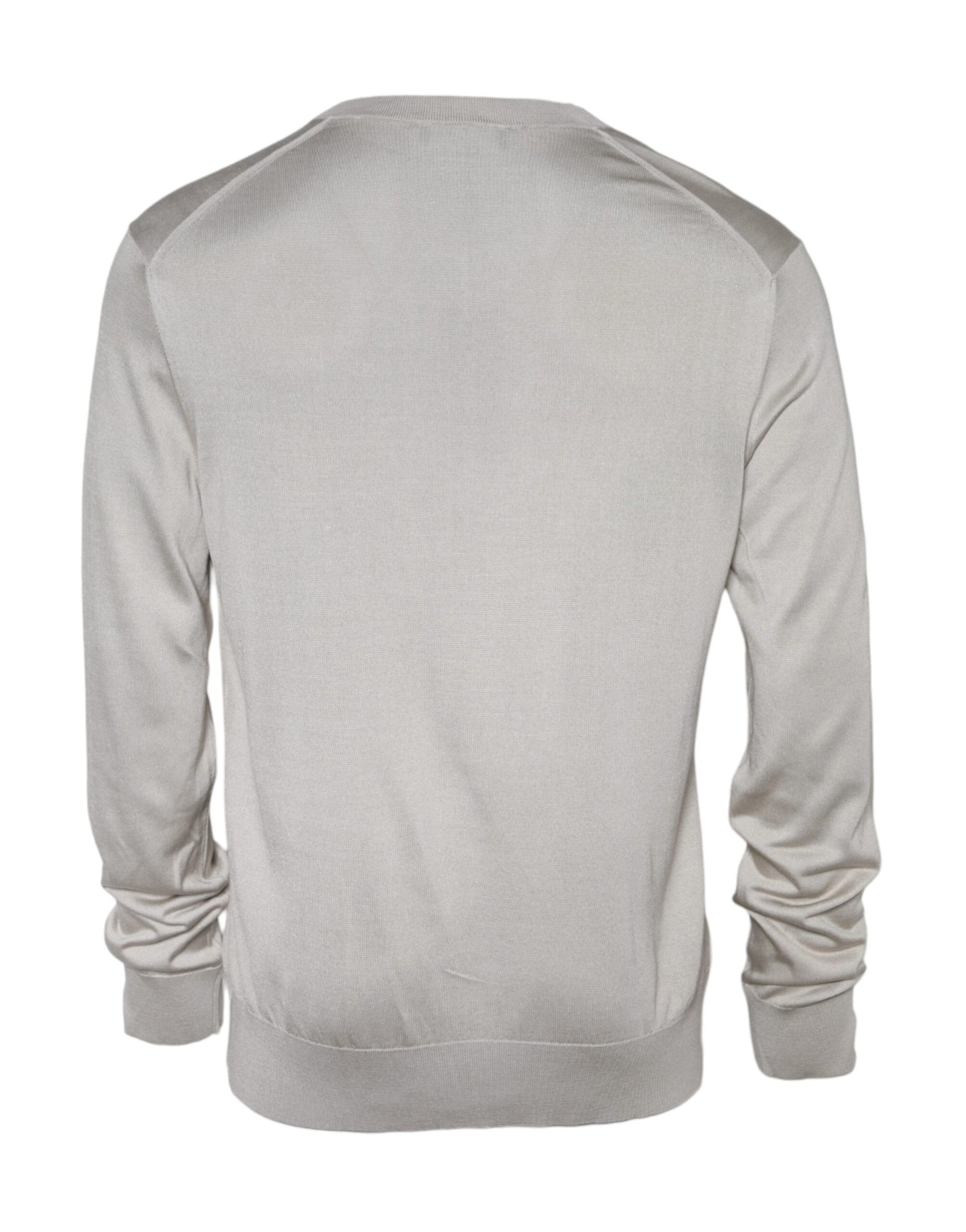 Off White Silk V-neck Long Sleeves Pullover Sweater