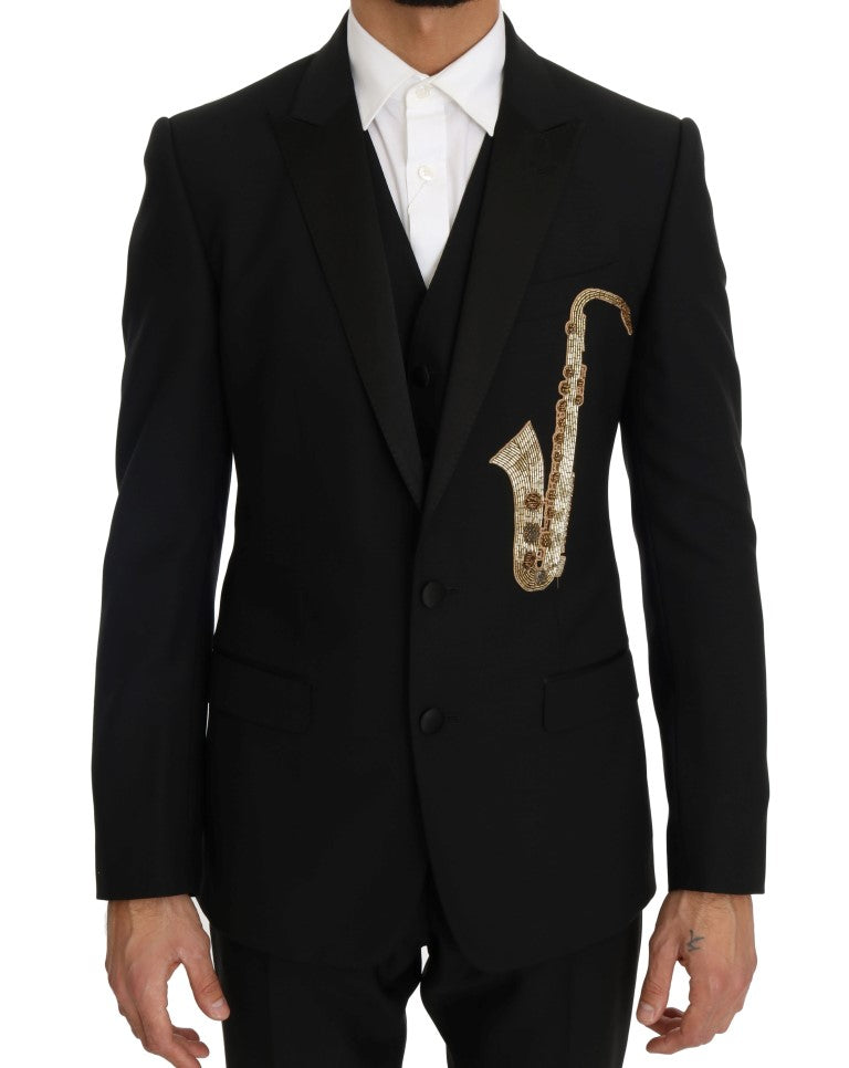 Elegant Black Three-Piece Suit with Saxophone Embroidery