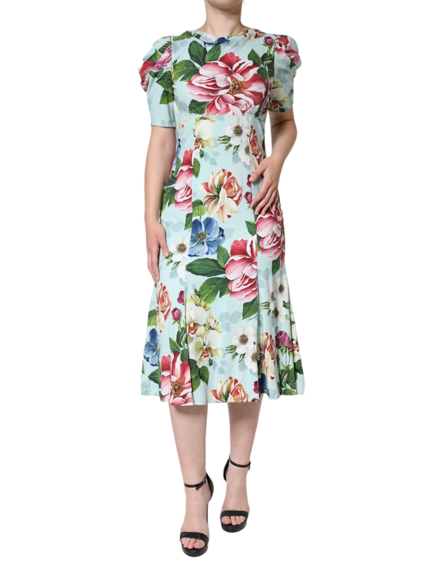 Green Floral Short Sleeves Round Neck Dress