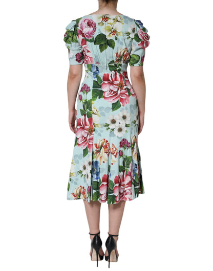 Green Floral Short Sleeves Round Neck Dress