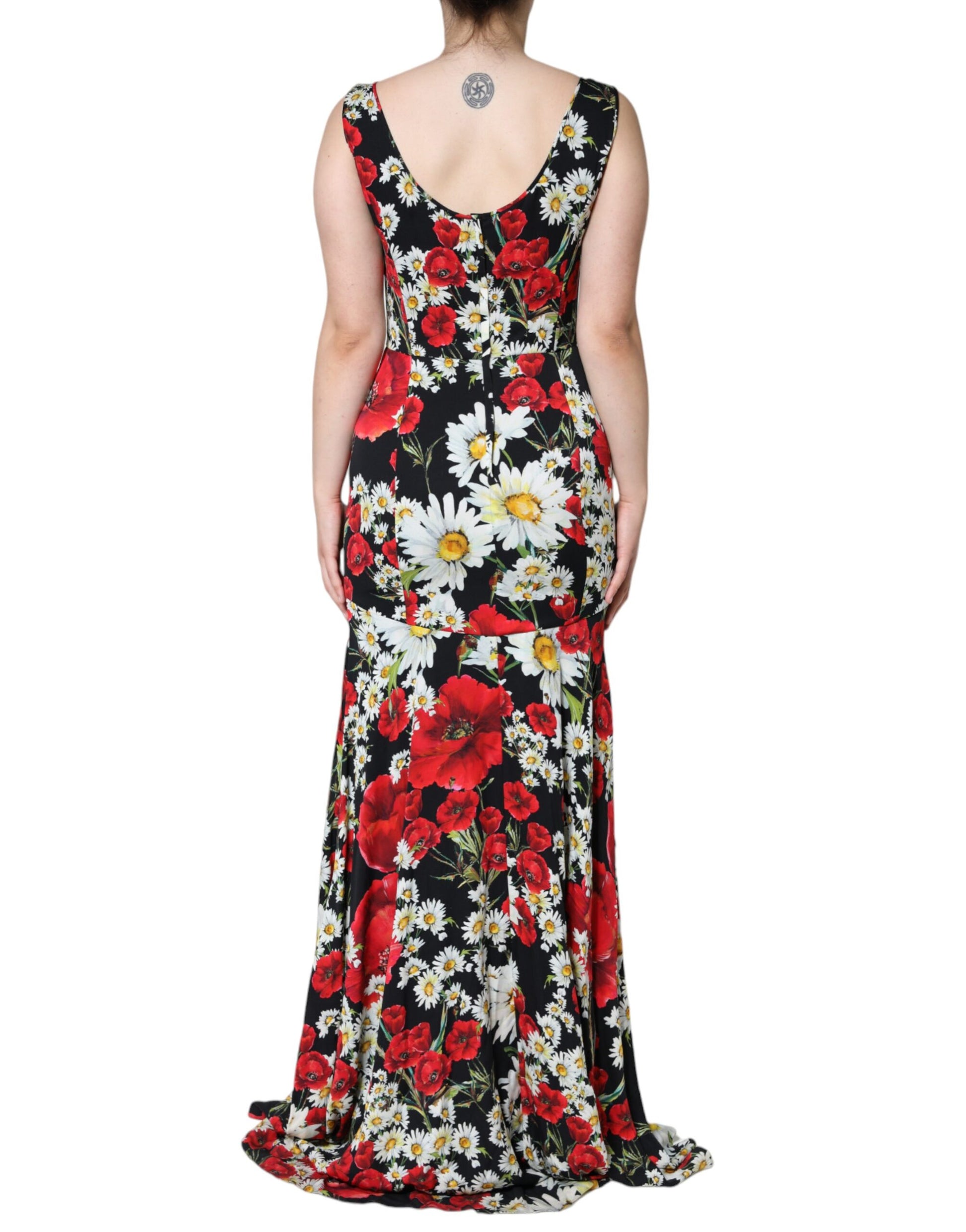 Black Floral Silk Sleeveless Long Gown Dress