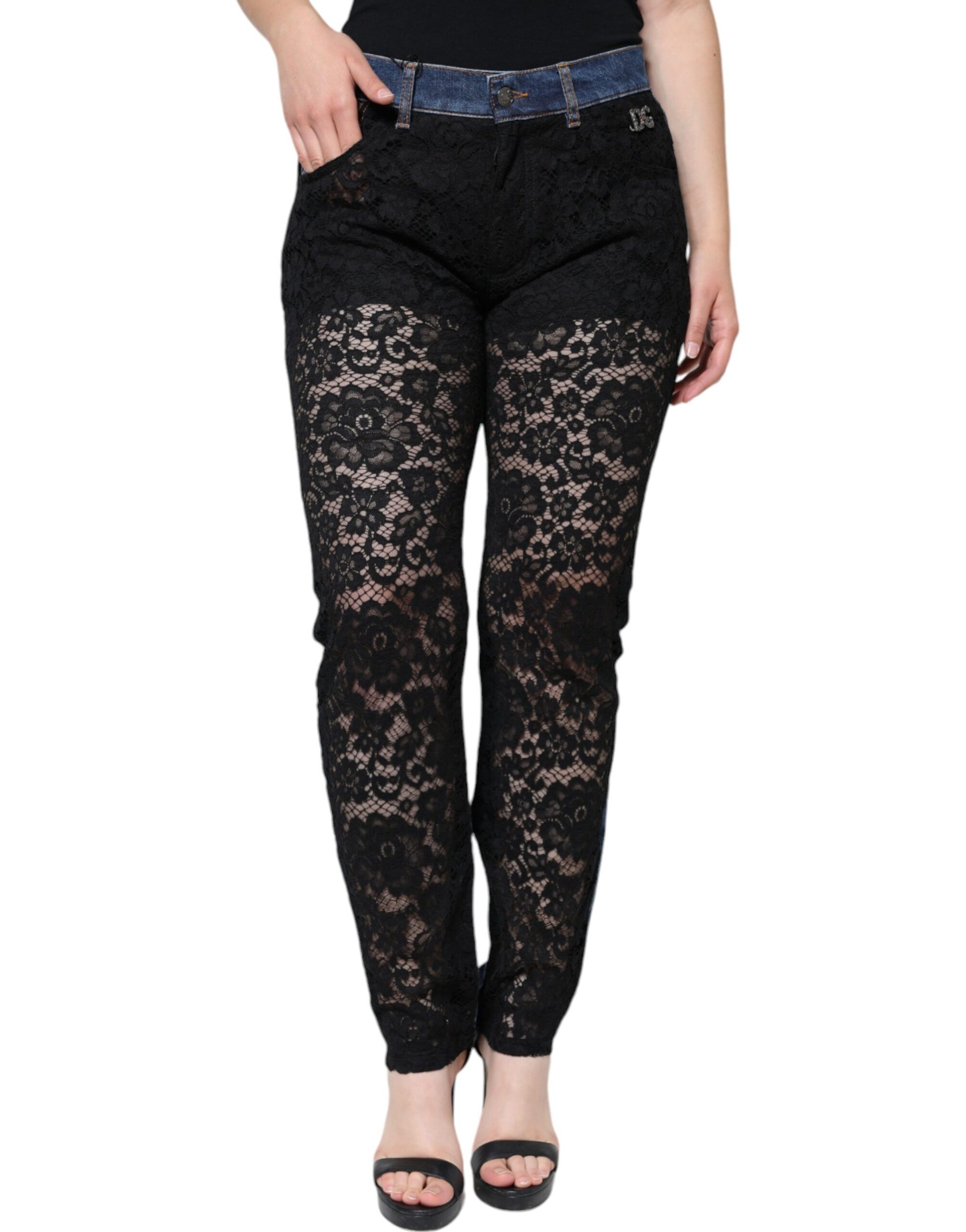 Black Floral Lace Front Skinny Denim Jeans