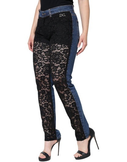 Black Floral Lace Front Skinny Denim Jeans