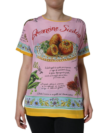 Pink Silk Araneine Siciliana Print Short Sleeves Top