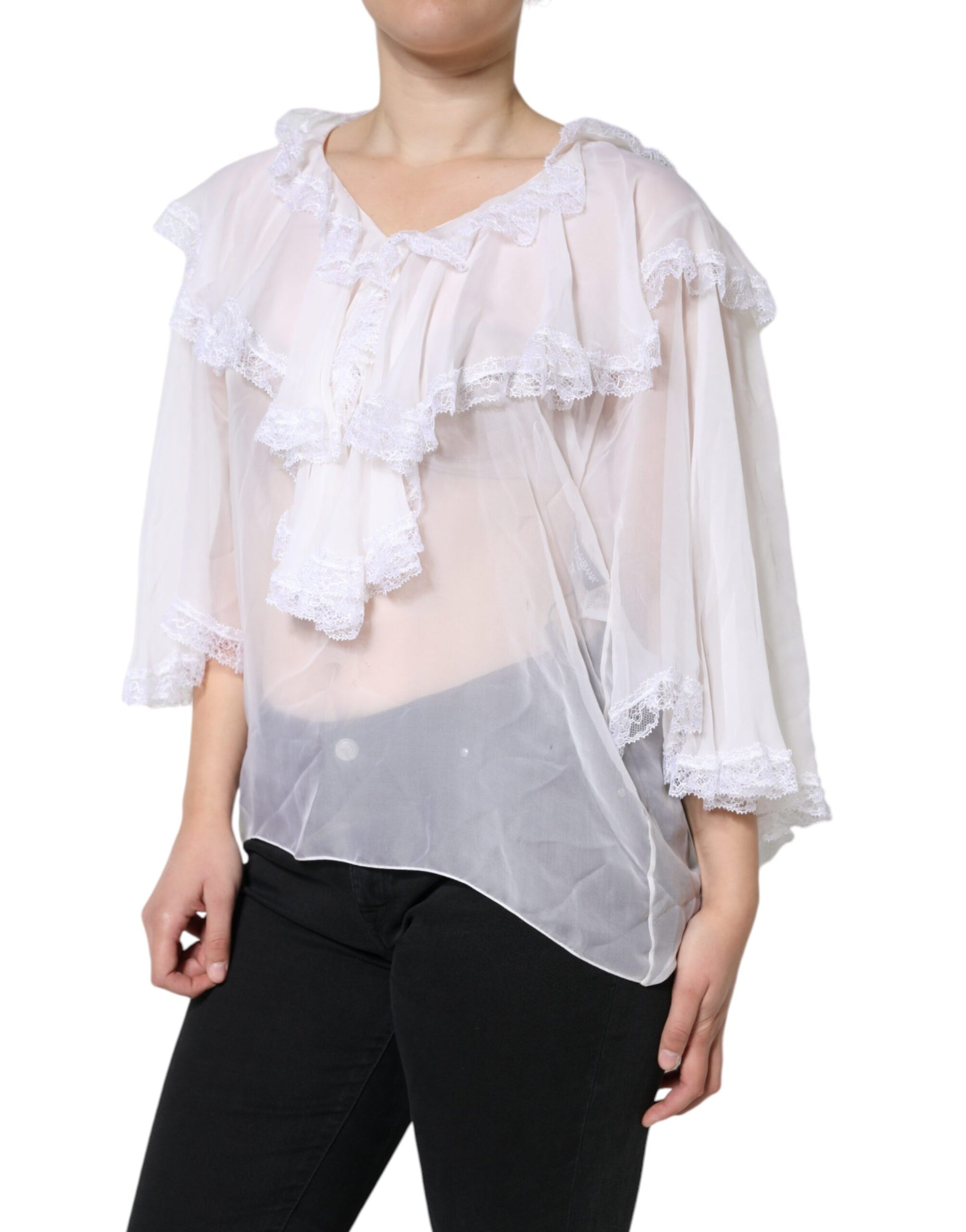 White Ruffles Lace Long Sleeve Blouse Top