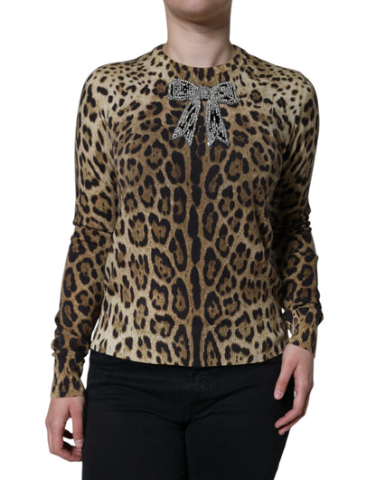 Brown Leopard Embellished Long Sleeve Sweater