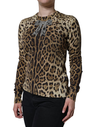 Brown Leopard Embellished Long Sleeve Sweater