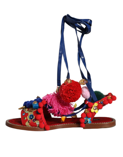 Multicolor Pom Pom Fur Wrap Sandals Shoes