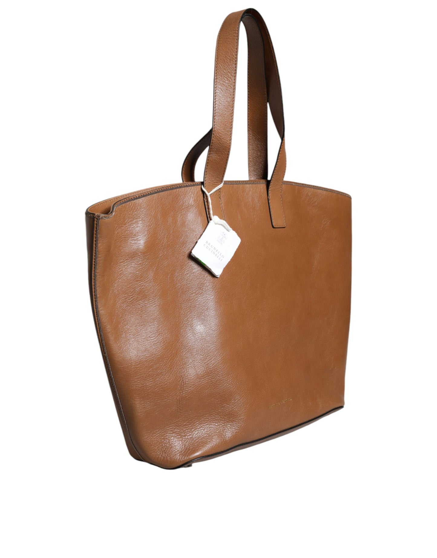 Brown Leather Logo Shoulder Strap Shopping Tote Bag