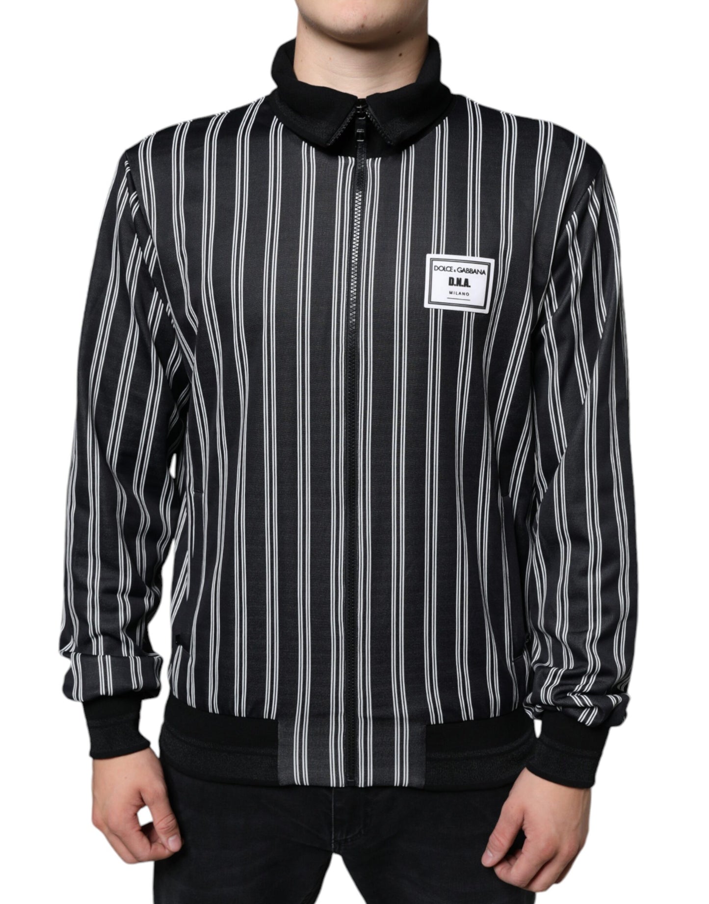 Black White Stripes Full Zip DNA Milano Men Sweater