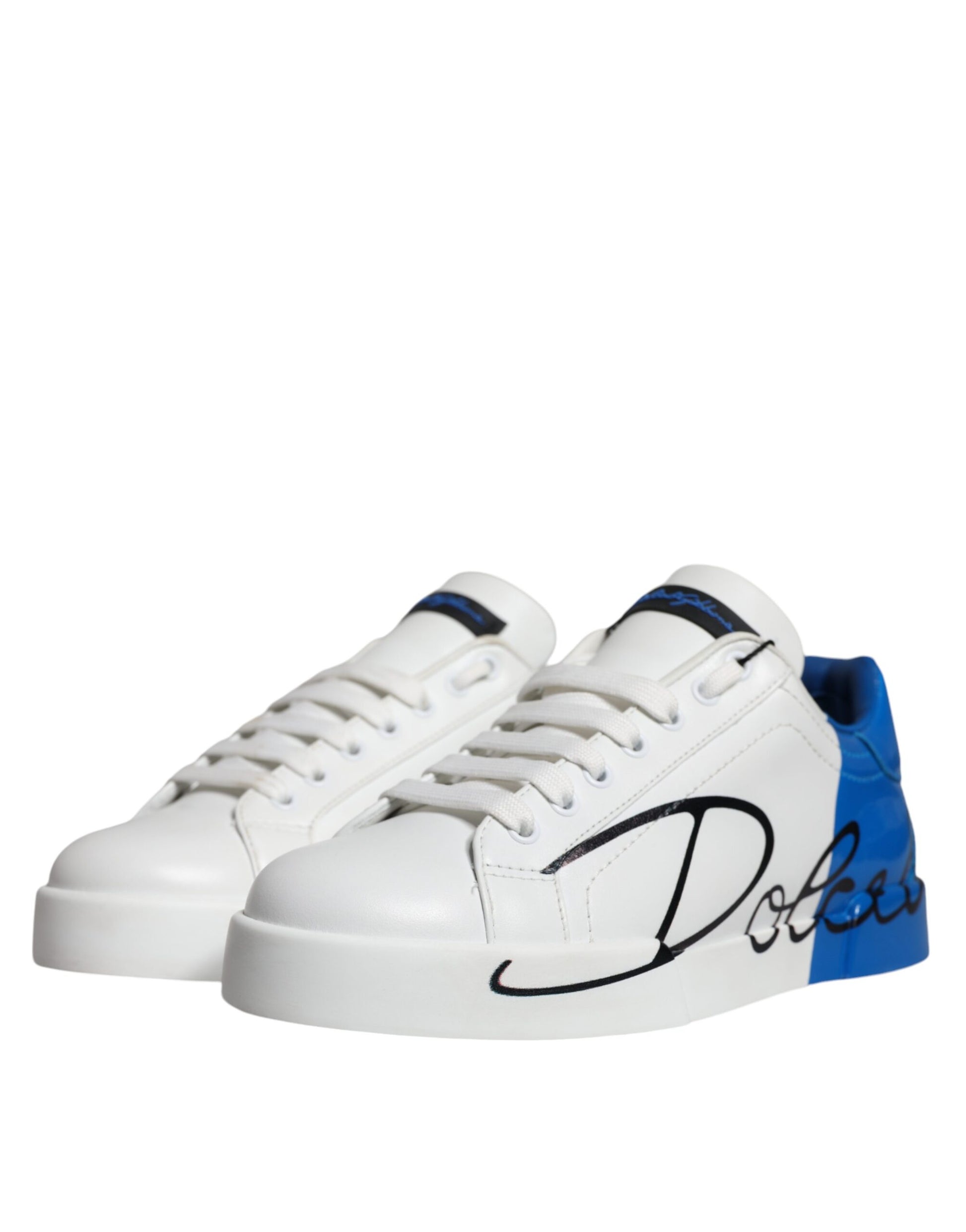 White Blue Leather Logo Low Top Sneakers Shoes