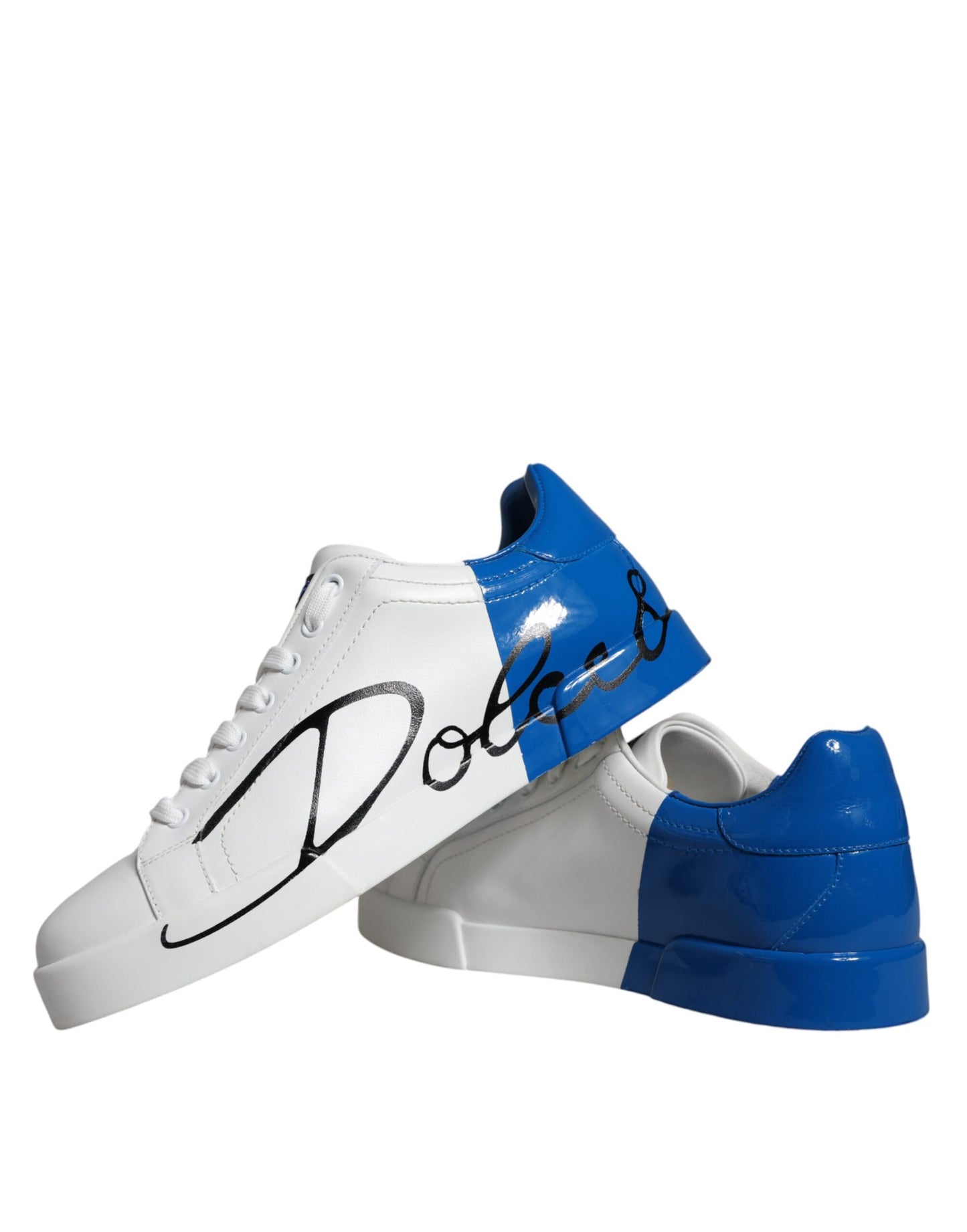 White Blue Leather Logo Low Top Sneakers Shoes