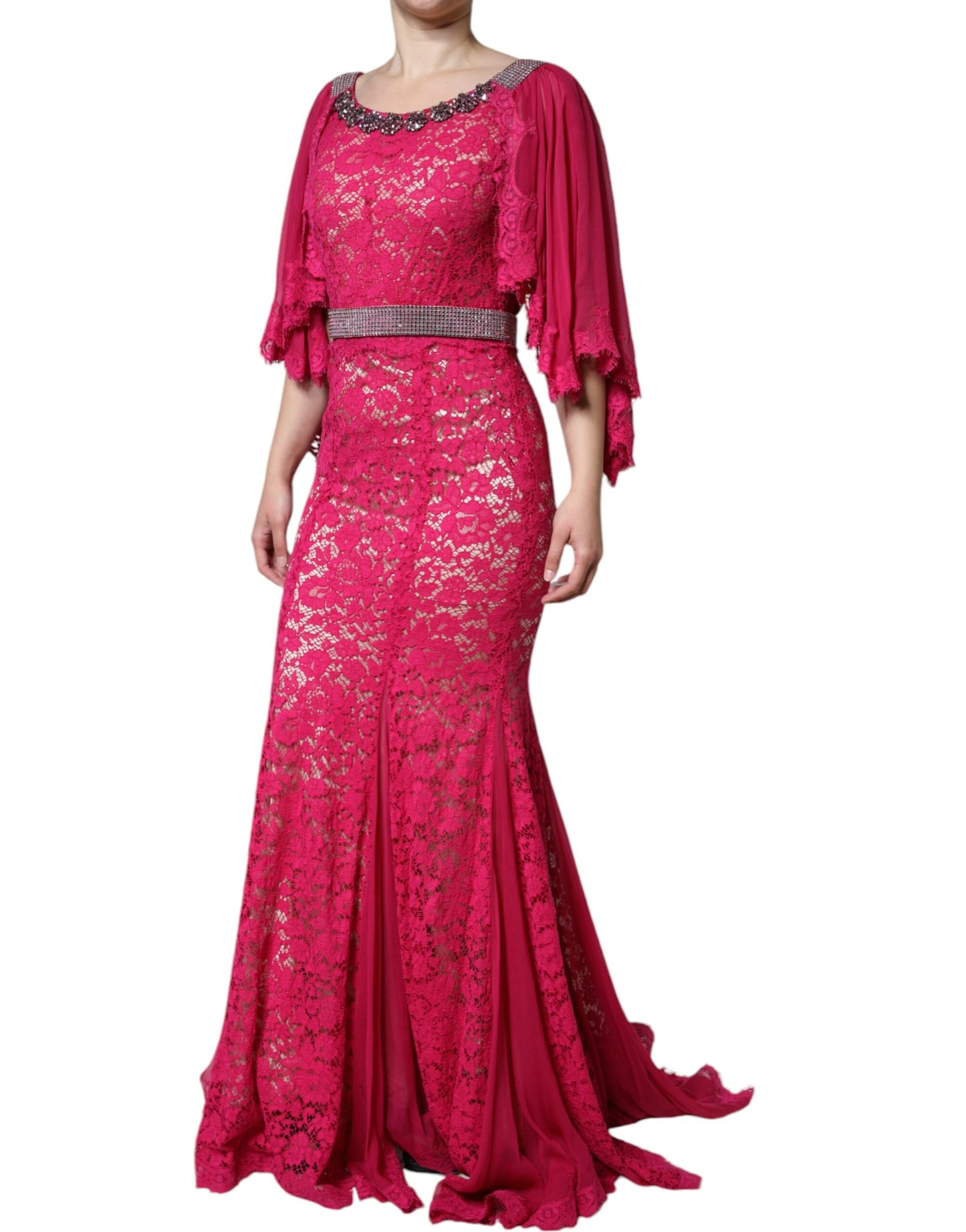 Pink Lace Crystal Sheath Long Gown Dress