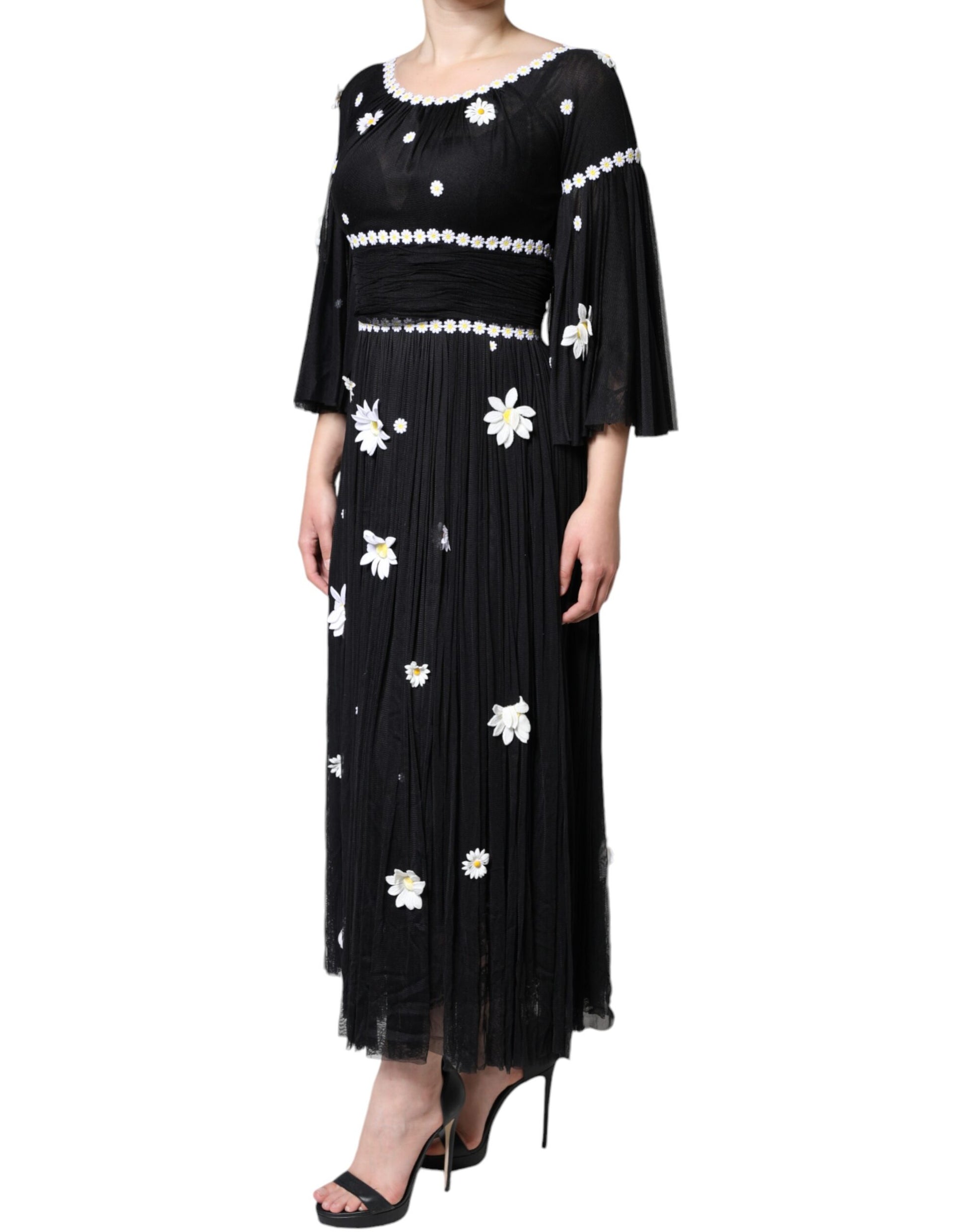 Black Silk Daisy A-line Long Maxi Dress