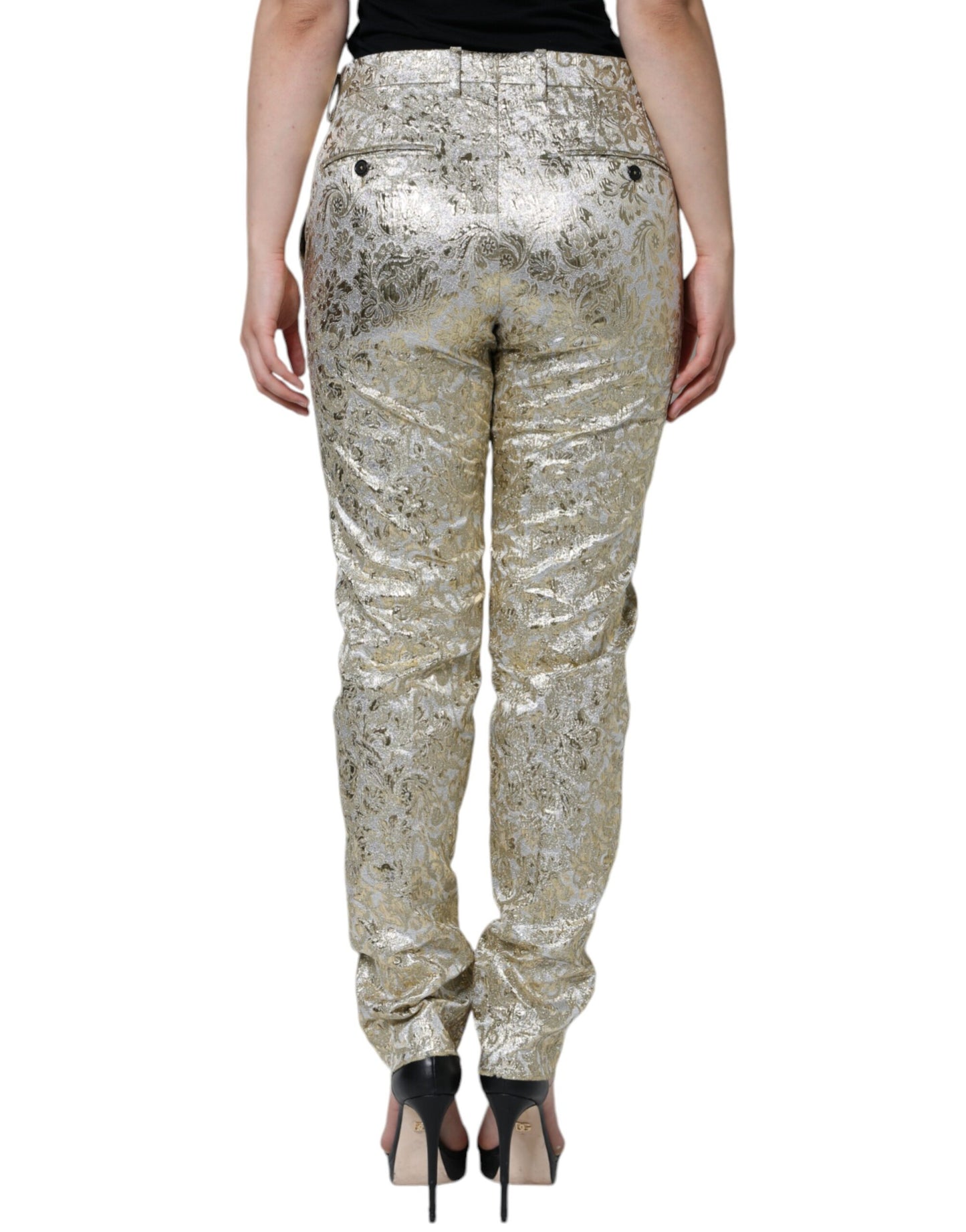 Gold Cotton Floral Jacquard Tapered Pants