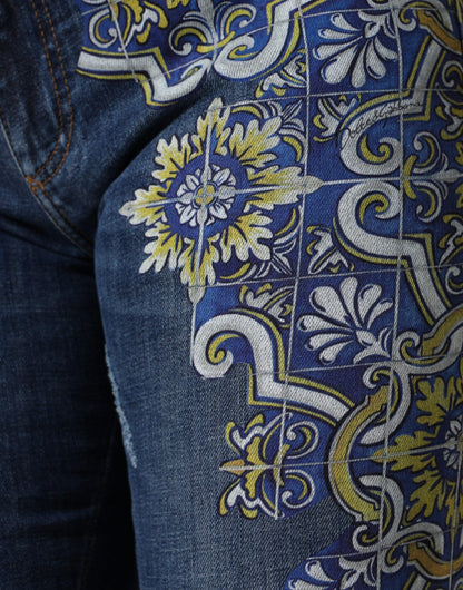 Blue Floral Cotton Stretch Skinny Denim Jeans