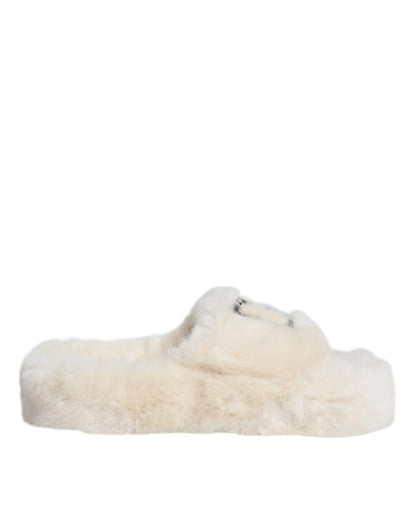 Beige Faux Fur Slides Flats Sandals Shoes