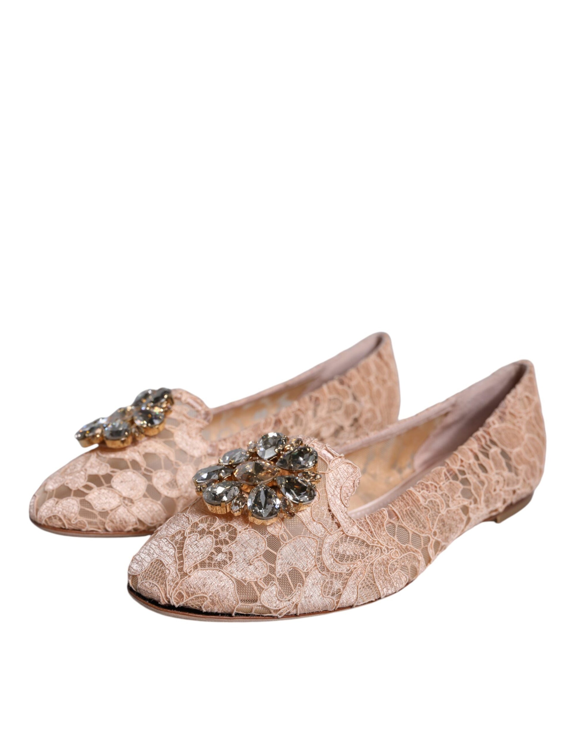 Beige Lace Crystal Ballet Flats Loafers Shoes