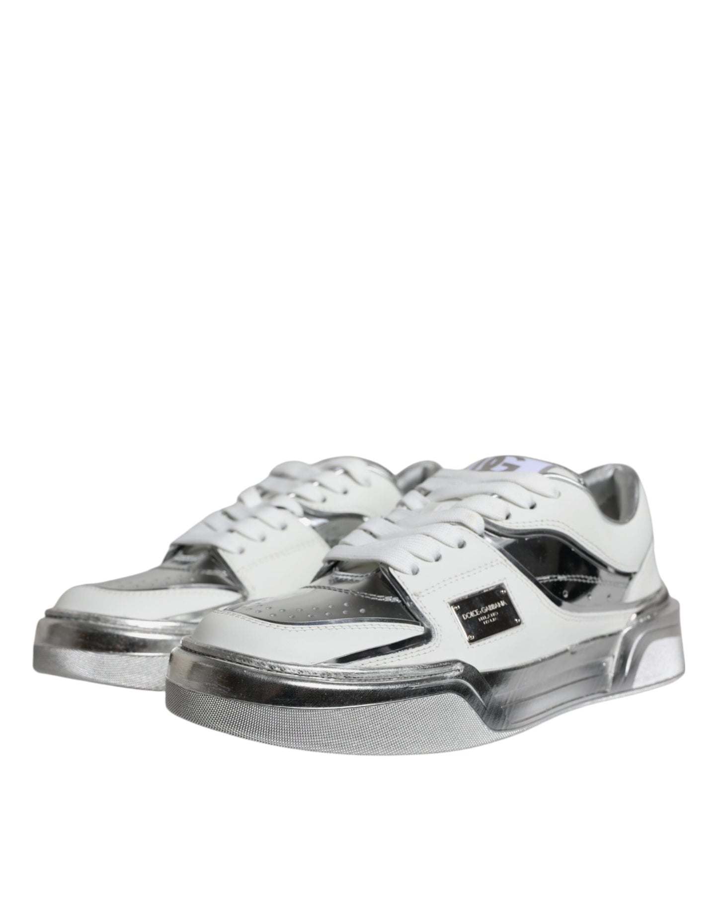 White Silver Leather Low Top Sneakers Shoes