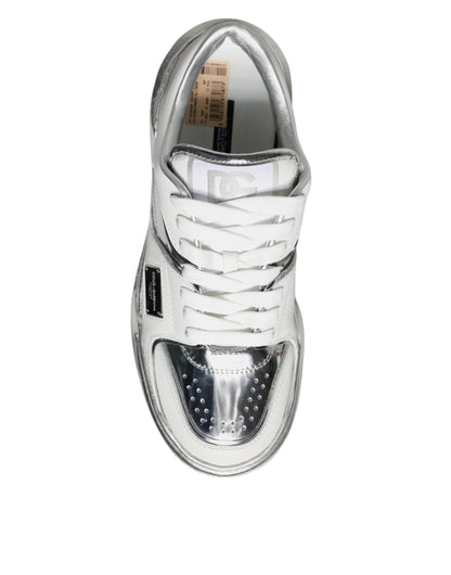 White Silver Leather Low Top Sneakers Shoes