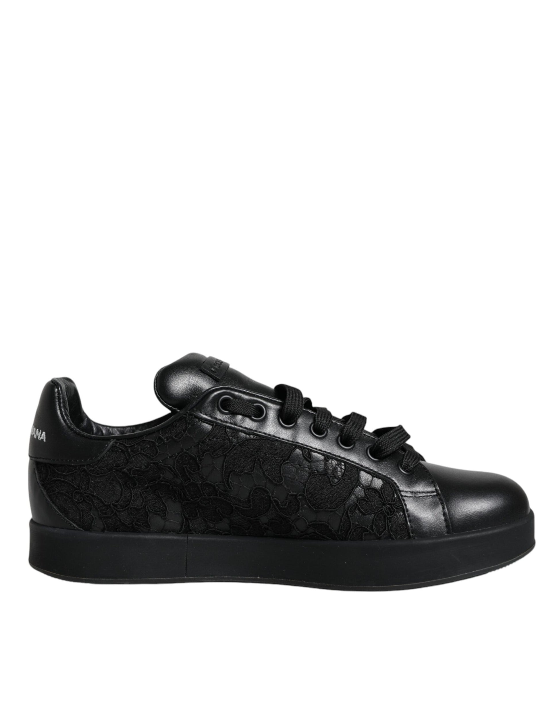 Black Lace Leather Low Top Sneakers Shoes