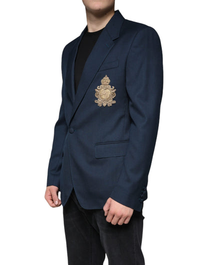 Blue Wool Logo Single Breasted Coat Blazer