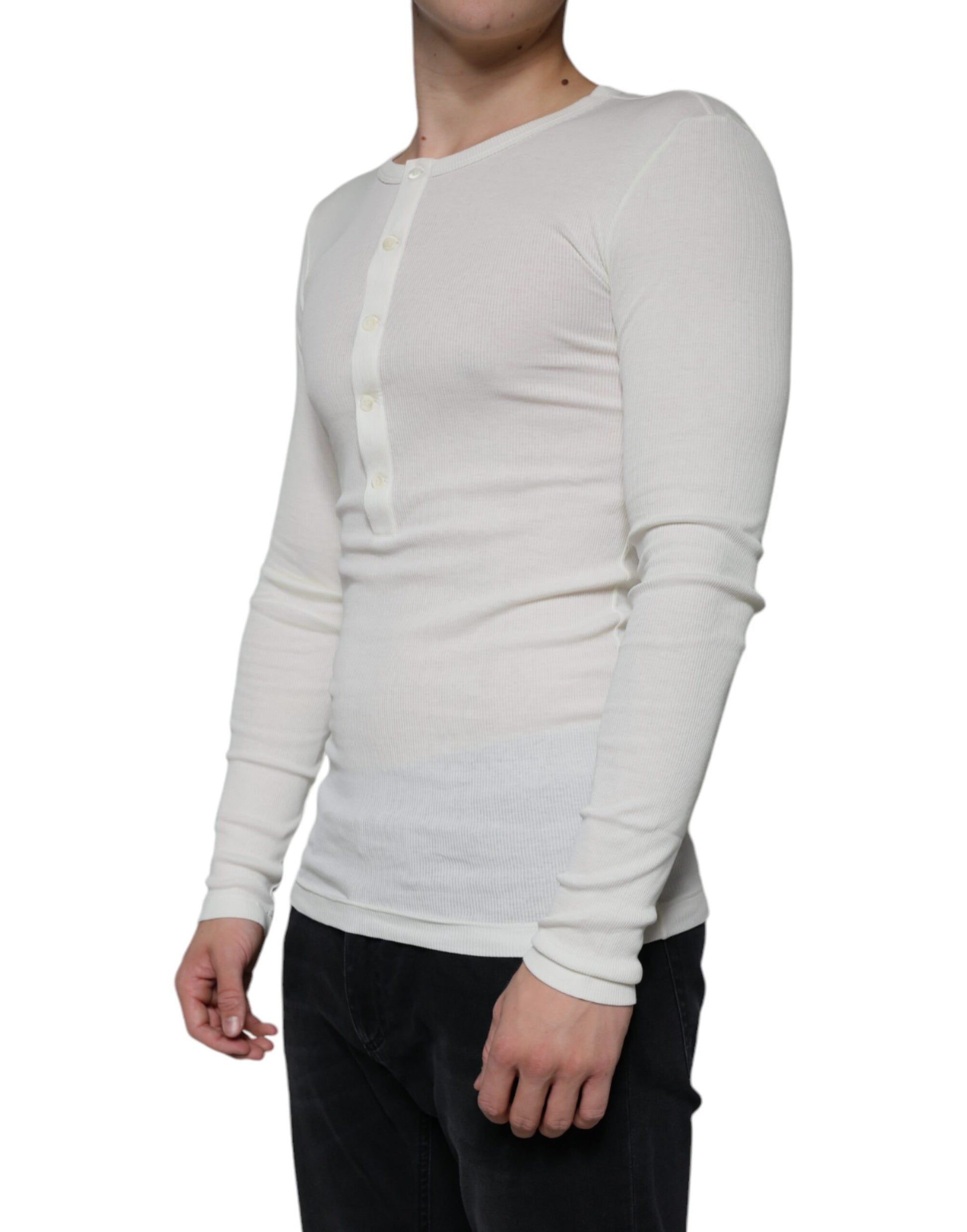 White Cotton Henley Crew Neck Pullover Sweater