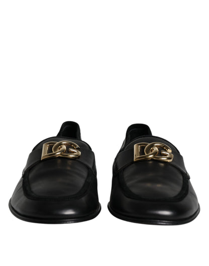 Black Leather Logo Slip On Loafers Shoes