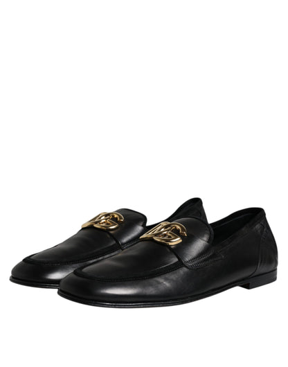 Black Leather Logo Slip On Loafers Shoes