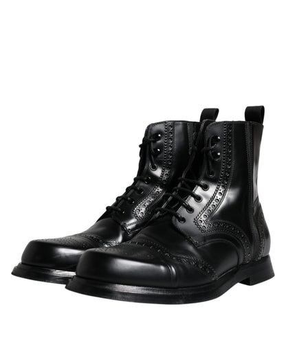 Black Leather Lace Up Mid Calf Boots Shoes