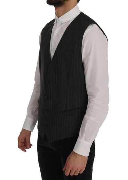 Elegant Striped Gray Wool Blend Waistcoat Vest