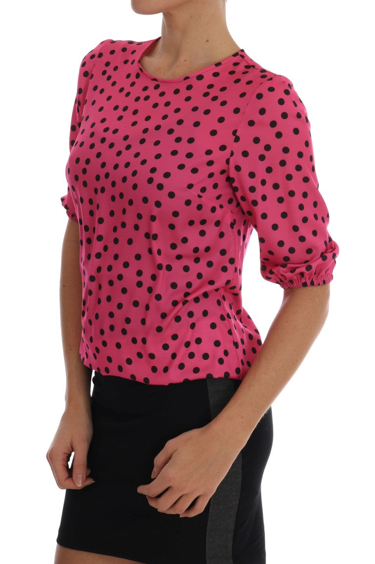 Chique roze zijden blouse met stippen