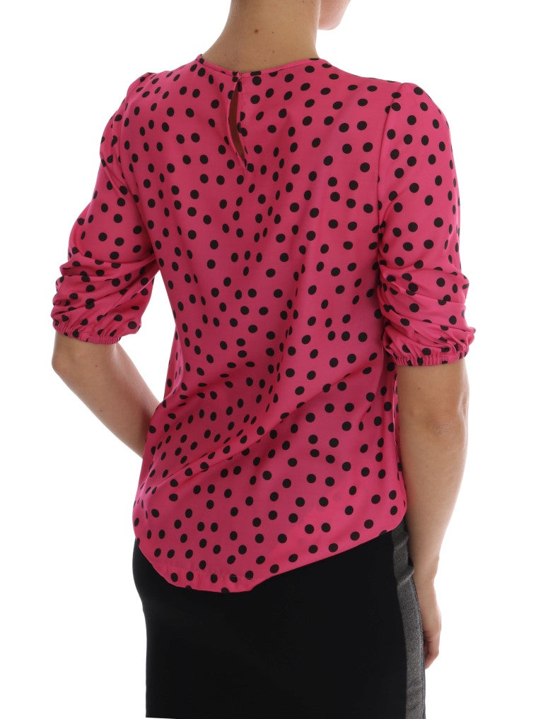 Chique roze zijden blouse met stippen