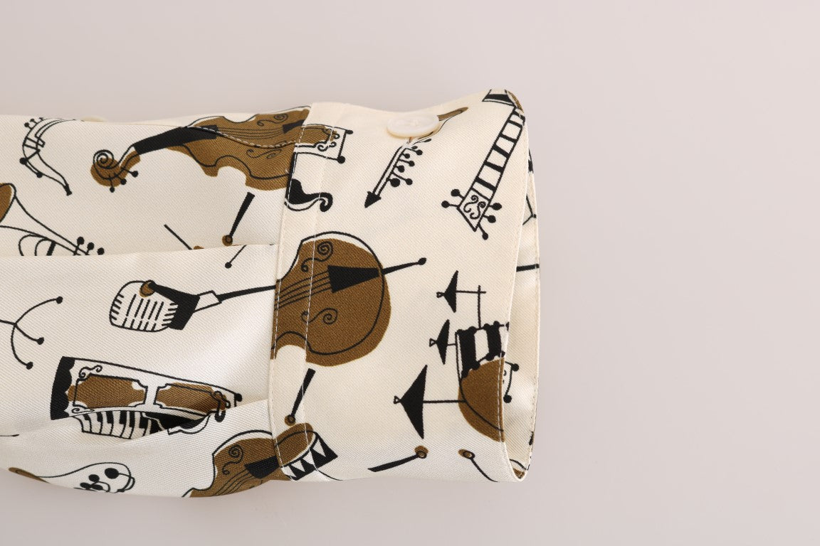 Wit zijden JAZZ-shirt met motiefprint