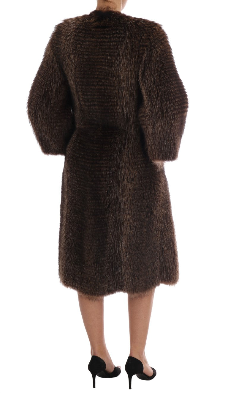 Elegant Brown Raccoon Fur Knee-Length Coat