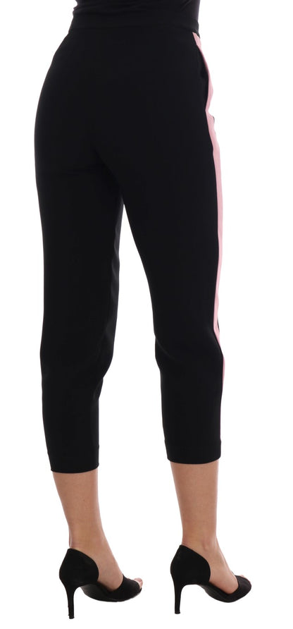 Elegante pantalón capri negro con rayas laterales rosas