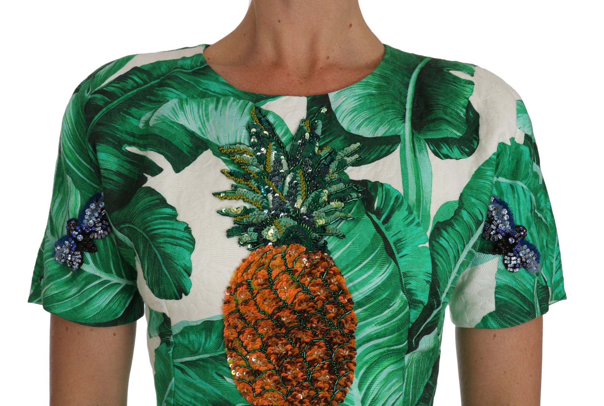 Vestido acampanado elegante con estampado de hojas de plátano verde