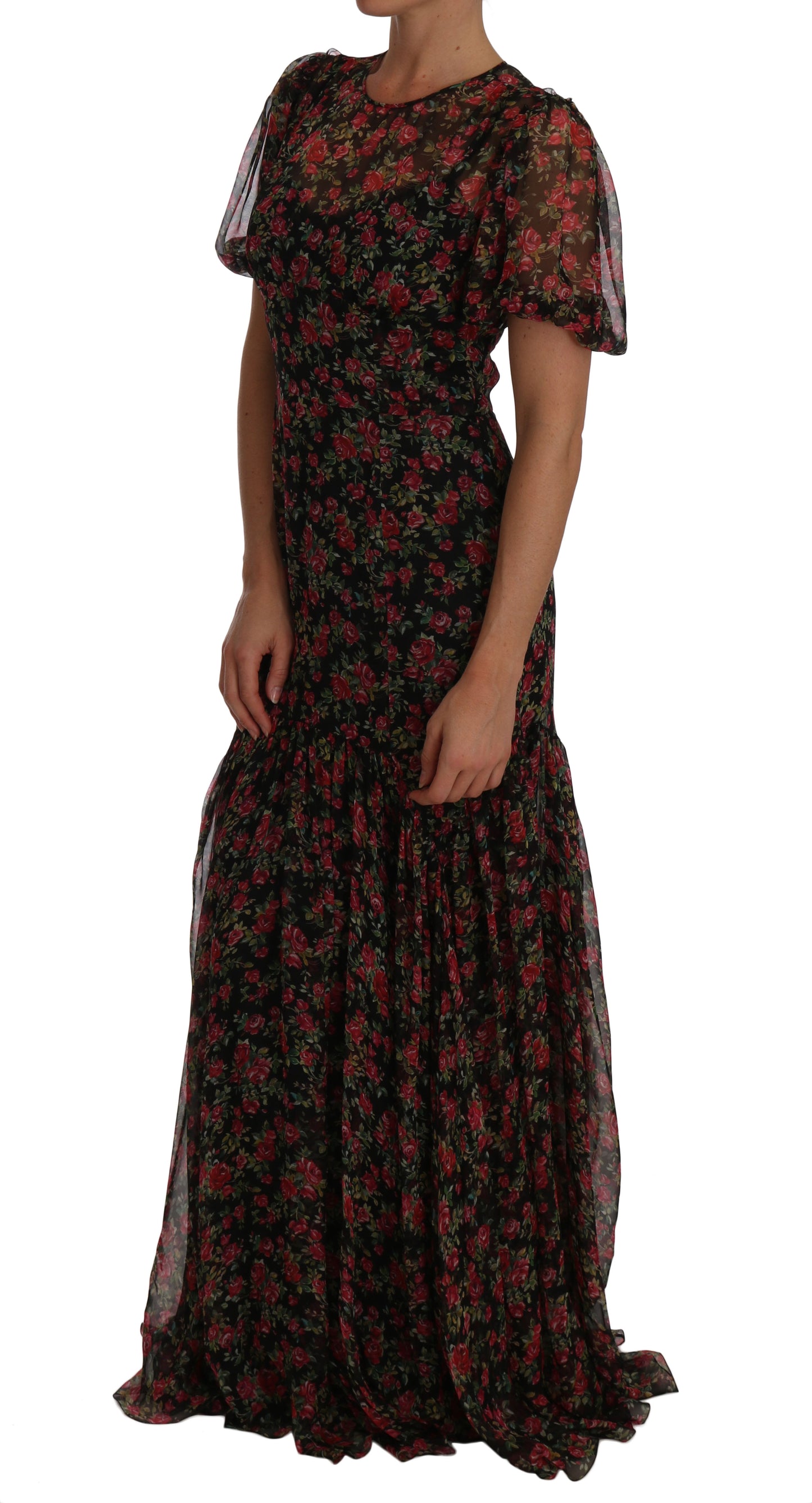 Elegante vestido floral de seda evasé