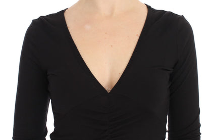 Elegante suéter de mezcla de viscosa negro con cuello en V