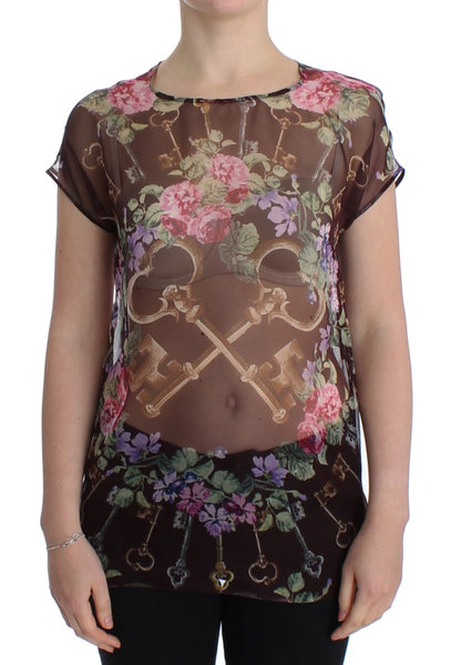 Elegante zijden blouse met bloemen en kapmouwtjes