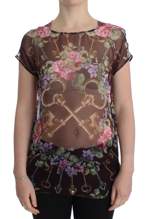 Elegante blusa de seda floral con mangas japonesas